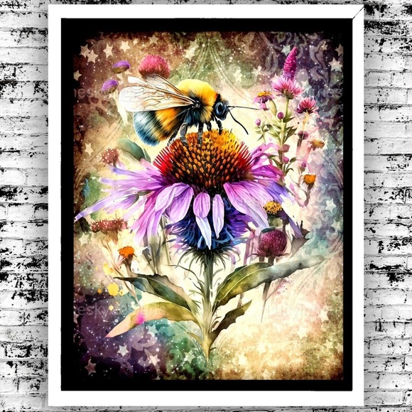 Handmade Other - Bright Bumblebee Wildflower Nature Art Print 8.5x11
